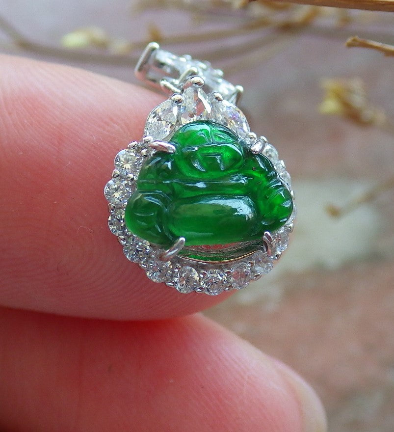 Certified Sterling Silver 925 Icy Green Natural Hand Carved Grade A Jade Jadeite Buddha Dangle Earring Earrings
