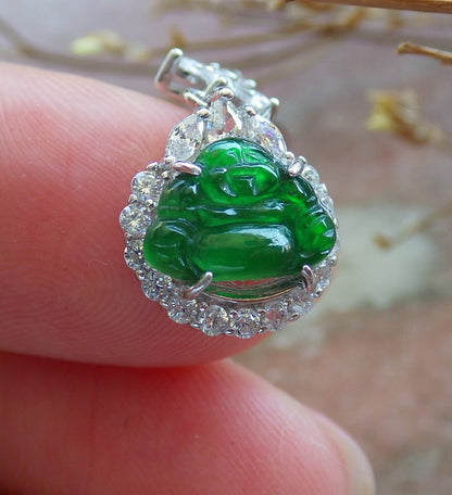 Certified Sterling Silver 925 Icy Green Natural Hand Carved Grade A Jade Jadeite Buddha Dangle Earring Earrings