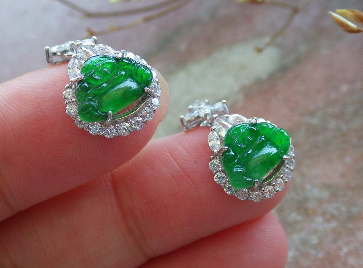 Certified Sterling Silver 925 Icy Green Natural Hand Carved Grade A Jade Jadeite Buddha Dangle Earring Earrings