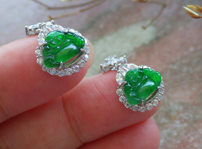 Certified Sterling Silver 925 Icy Green Natural Hand Carved Grade A Jade Jadeite Buddha Dangle Earring Earrings