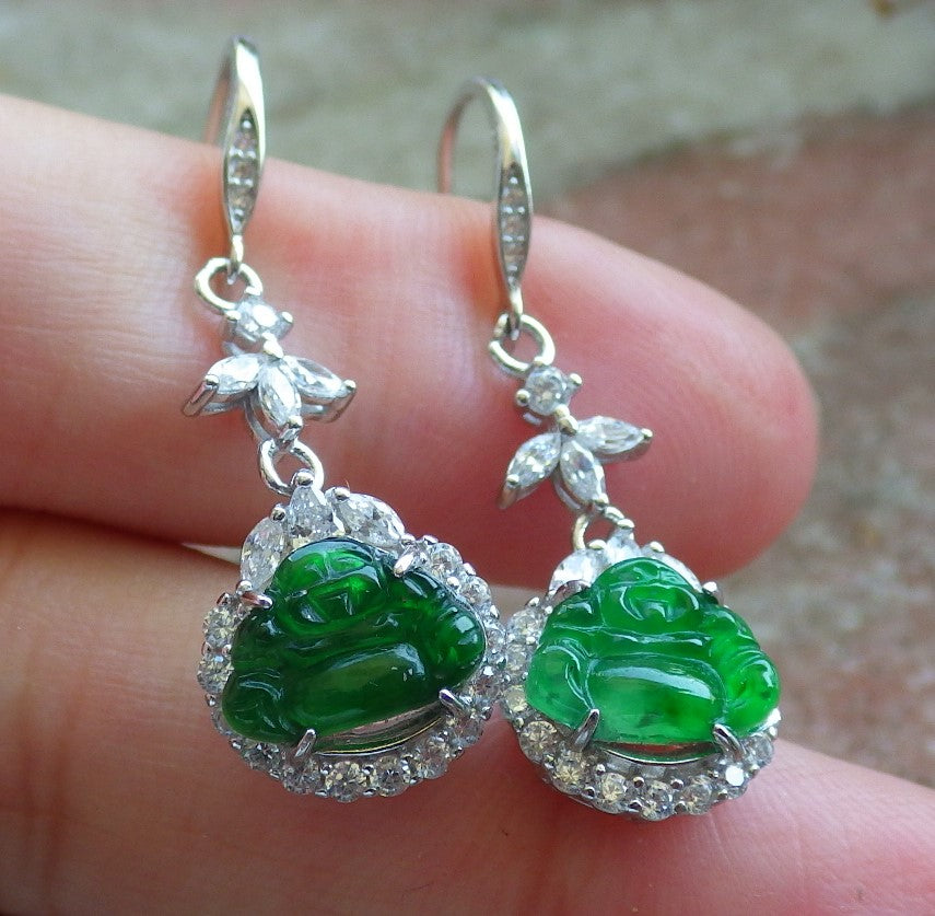 Certified Sterling Silver 925 Icy Green Natural Hand Carved Grade A Jade Jadeite Buddha Dangle Earring Earrings