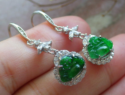 Certified Sterling Silver 925 Icy Green Natural Hand Carved Grade A Jade Jadeite Buddha Dangle Earring Earrings
