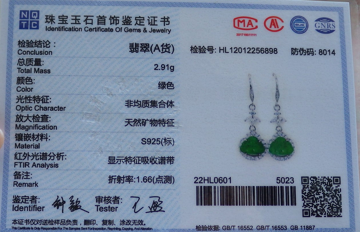 Certified Sterling Silver 925 Icy Green Natural Hand Carved Grade A Jade Jadeite Buddha Dangle Earring Earrings