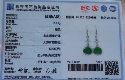Certified Sterling Silver 925 Icy Green Natural Hand Carved Grade A Jade Jadeite Buddha Dangle Earring Earrings