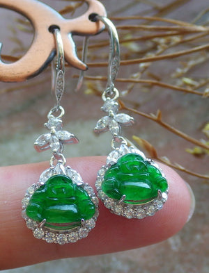 Certified Sterling Silver 925 Icy Green Natural Hand Carved Grade A Jade Jadeite Buddha Dangle Earring Earrings