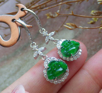 Certified Sterling Silver 925 Icy Green Natural Hand Carved Grade A Jade Jadeite Buddha Dangle Earring Earrings
