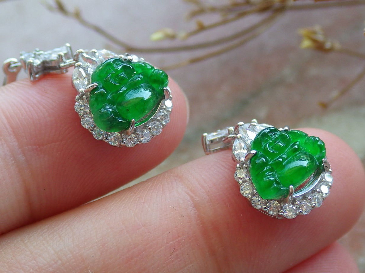 Certified Sterling Silver 925 Icy Green Natural Hand Carved Grade A Jade Jadeite Buddha Dangle Earring Earrings