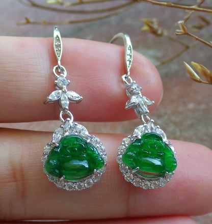 Certified Sterling Silver 925 Icy Green Natural Hand Carved Grade A Jade Jadeite Buddha Dangle Earring Earrings