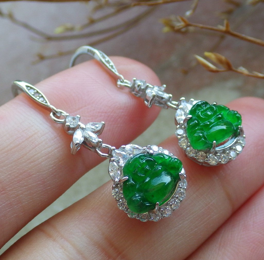 Certified Sterling Silver 925 Icy Green Natural Hand Carved Grade A Jade Jadeite Buddha Dangle Earring Earrings