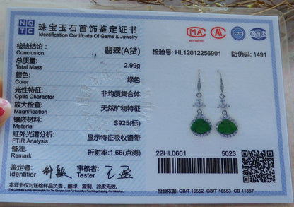 Certified Sterling Silver 925 Icy Green Natural Hand Carved Grade A Jade Jadeite Buddha Dangle Earring Earrings