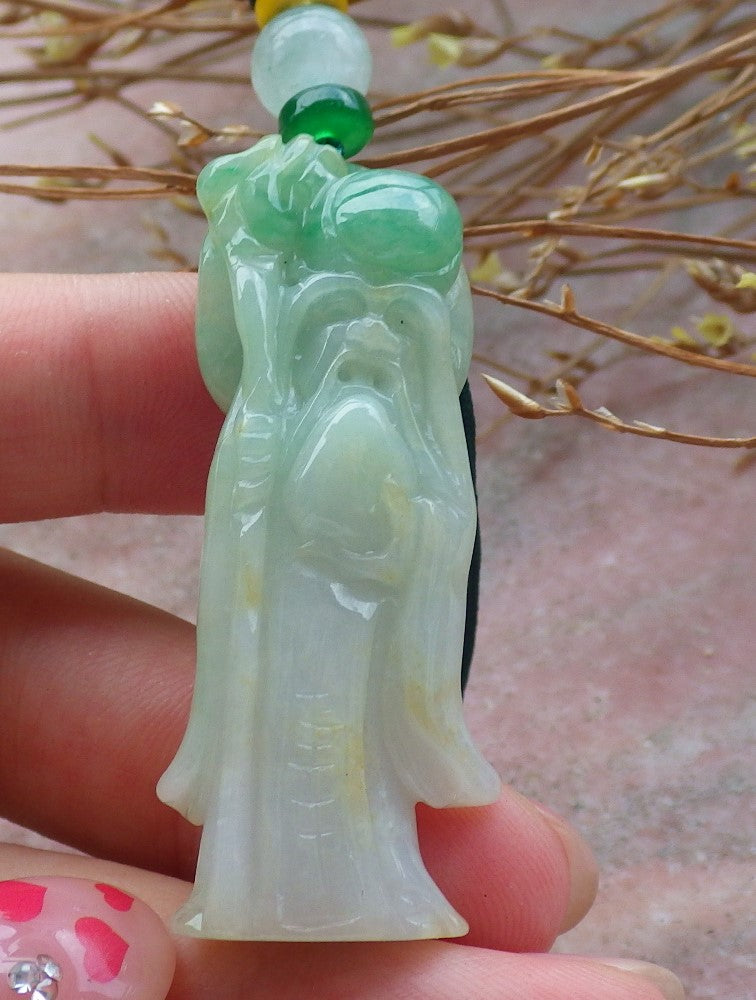 Certified Hand Carved Yellow Green Natural Myanmar Burma Grade A Jade Jadeite The God of Longevity Life Pendant Necklace