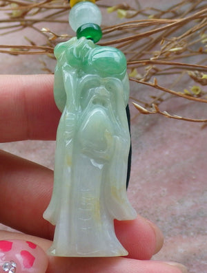 Certified Hand Carved Yellow Green Natural Myanmar Burma Grade A Jade Jadeite The God of Longevity Life Pendant Necklace
