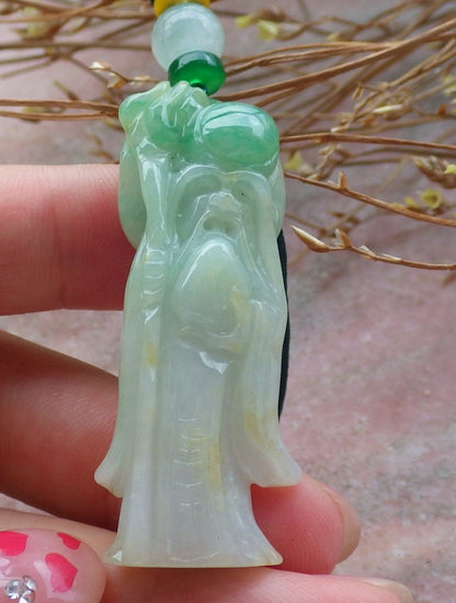 Certified Hand Carved Yellow Green Natural Myanmar Burma Grade A Jade Jadeite The God of Longevity Life Pendant Necklace