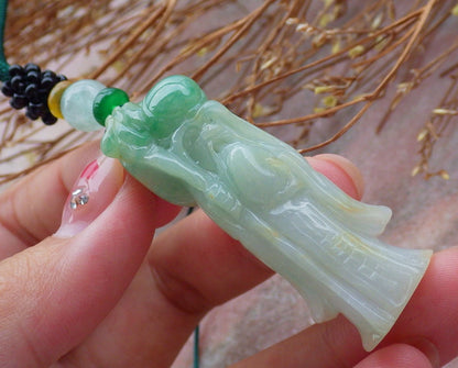 Certified Hand Carved Yellow Green Natural Myanmar Burma Grade A Jade Jadeite The God of Longevity Life Pendant Necklace