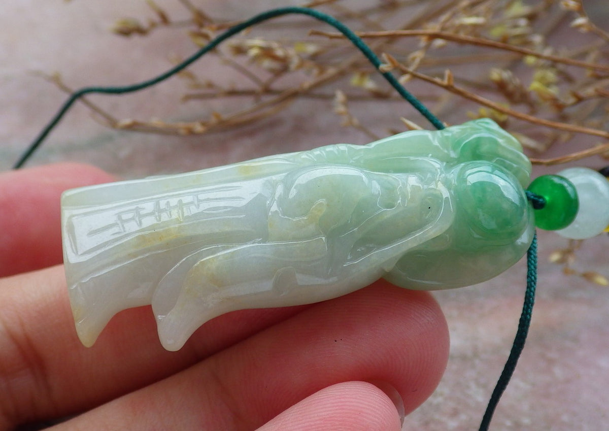 Certified Hand Carved Yellow Green Natural Myanmar Burma Grade A Jade Jadeite The God of Longevity Life Pendant Necklace