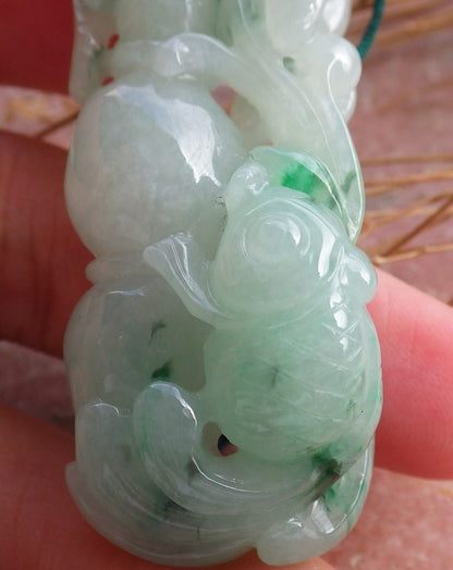 Certified Hand Carved Green Myanmar Natural Burma Grade A Jade jadeite Gold Fish Lotus Pendant Necklace