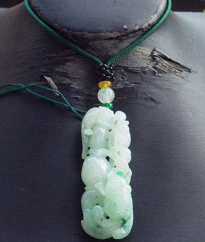 Certified Hand Carved Green Myanmar Natural Burma Grade A Jade jadeite Gold Fish Lotus Pendant Necklace
