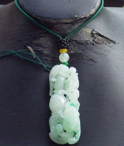 Certified Hand Carved Green Myanmar Natural Burma Grade A Jade jadeite Gold Fish Lotus Pendant Necklace