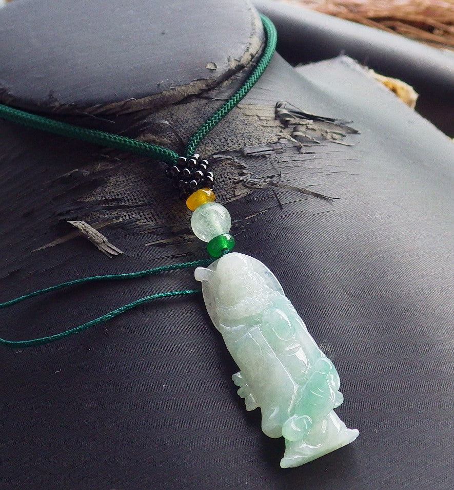 Certified Hand Carved Green Natural Burma Grade A Jade jadeite Da Mo Buddha God Pendant Necklace