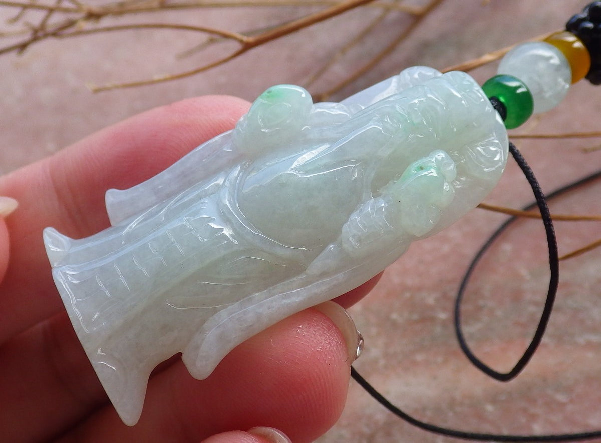 Certified Hand Carved Green Natural Myanmar Burma A Jade Finance Wealth Money Buddha God Pendant Necklace