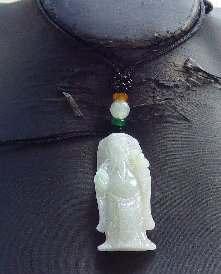 Certified Hand Carved Green Natural Myanmar Burma A Jade Finance Wealth Money Buddha God Pendant Necklace
