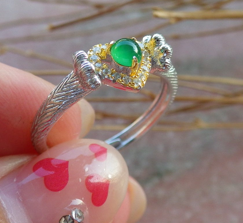 Certified Icy Green Silver 925 Natural Grade A JADE Jadeite Cabochon US 6.5 Ring