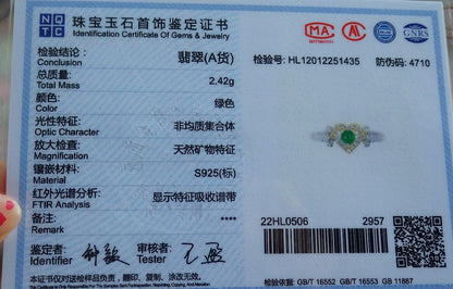 Certified Icy Green Silver 925 Natural Grade A JADE Jadeite Cabochon US 6.5 Ring