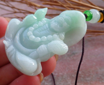 Certified Hand Carved Green Natural Myanmar Burma Grade A Jade jadeite Ji Kung Buddha God Pendant Necklace