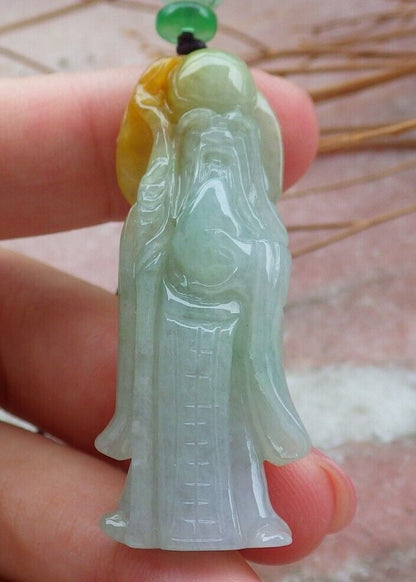 Certified Hand Carved Yellow Green Natural Myanmar Burma Grade A Jade Jadeite The God of Longevity Life Pendant Necklace