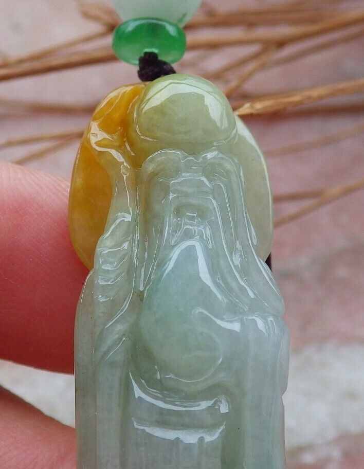 Certified Hand Carved Yellow Green Natural Myanmar Burma Grade A Jade Jadeite The God of Longevity Life Pendant Necklace