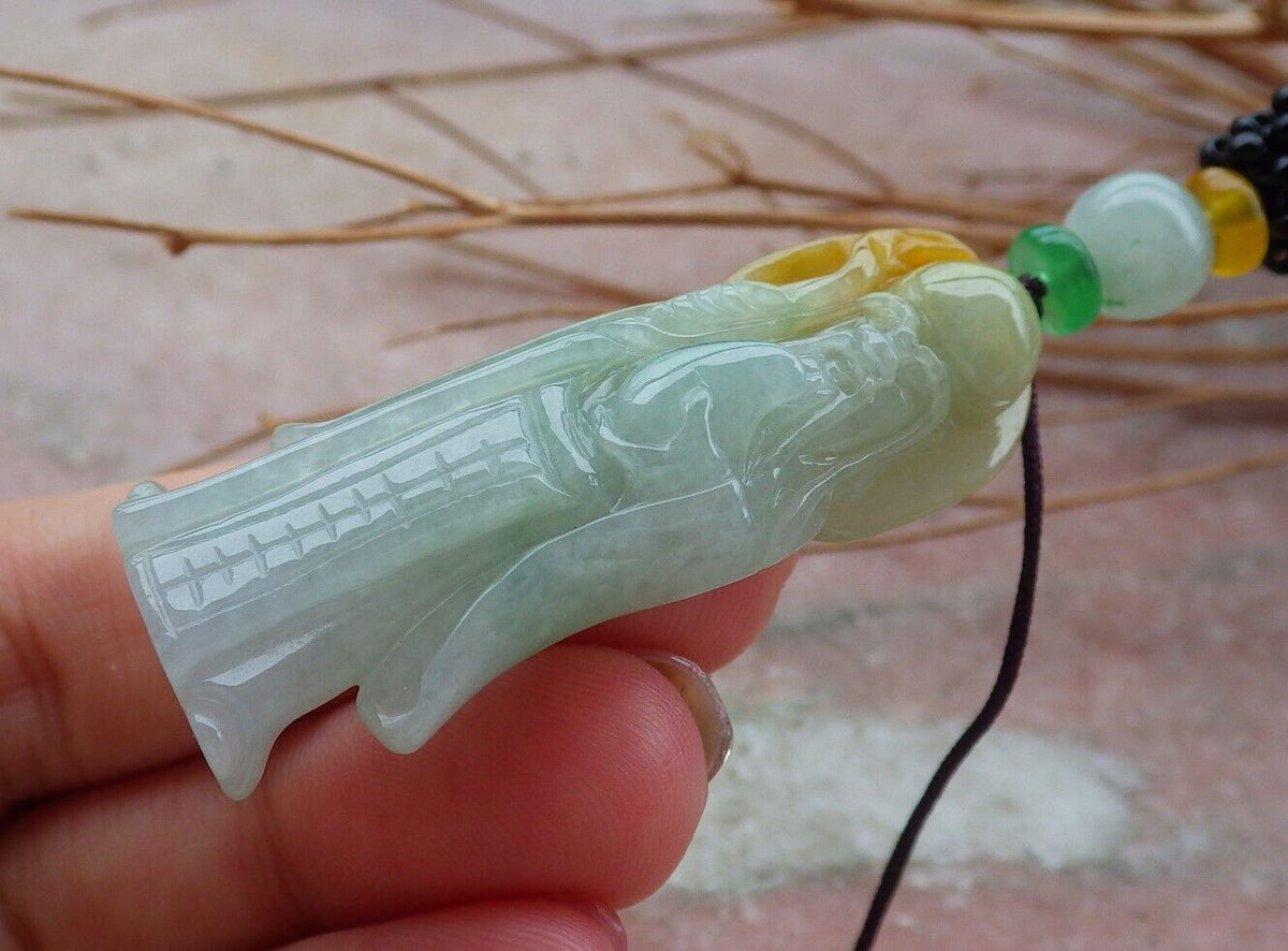 Certified Hand Carved Yellow Green Natural Myanmar Burma Grade A Jade Jadeite The God of Longevity Life Pendant Necklace