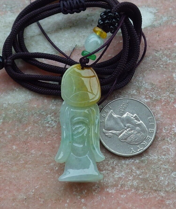 Certified Hand Carved Yellow Green Natural Myanmar Burma Grade A Jade Jadeite The God of Longevity Life Pendant Necklace