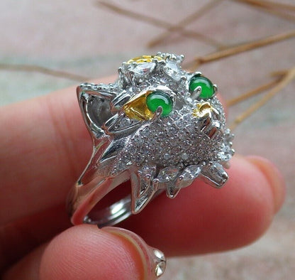 US 7.25 Certified Natural Icy Green Silver 925 A JADE Jadeite Cabochon Tiger Ring