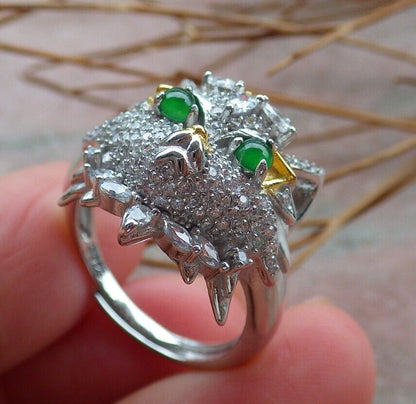 US 7.25 Certified Natural Icy Green Silver 925 A JADE Jadeite Cabochon Tiger Ring