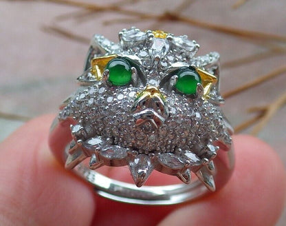 US 7.25 Certified Natural Icy Green Silver 925 A JADE Jadeite Cabochon Tiger Ring