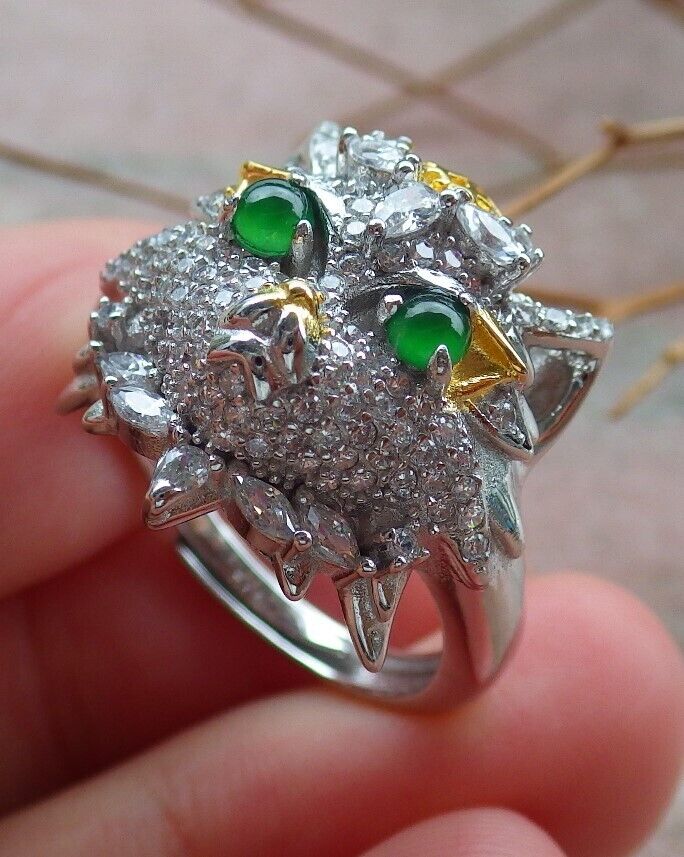 US 7.25 Certified Natural Icy Green Silver 925 A JADE Jadeite Cabochon Tiger Ring
