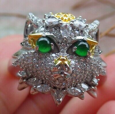 US 7.25 Certified Natural Icy Green Silver 925 A JADE Jadeite Cabochon Tiger Ring