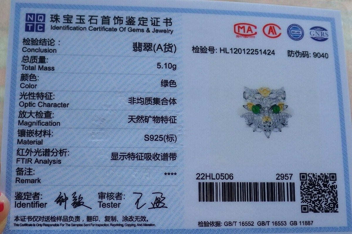 US 7.25 Certified Natural Icy Green Silver 925 A JADE Jadeite Cabochon Tiger Ring