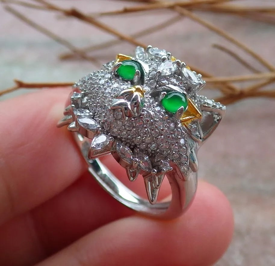 Certified Natural Icy Green Silver 925 A JADE Jadeite Cabochon Tiger Ring