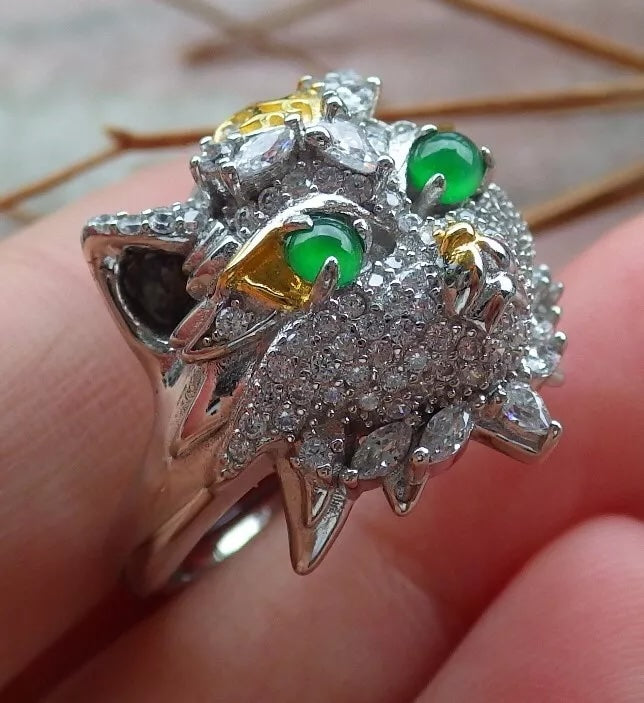 Certified Natural Icy Green Silver 925 A JADE Jadeite Cabochon Tiger Ring