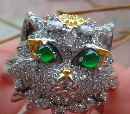 Certified Natural Icy Green Silver 925 A JADE Jadeite Cabochon Tiger Ring