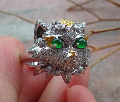 Certified Natural Icy Green Silver 925 A JADE Jadeite Cabochon Tiger Ring