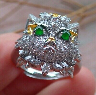 US 6.75 Certified Natural Icy Green Silver 925 A JADE Jadeite Cabochon Tiger Ring
