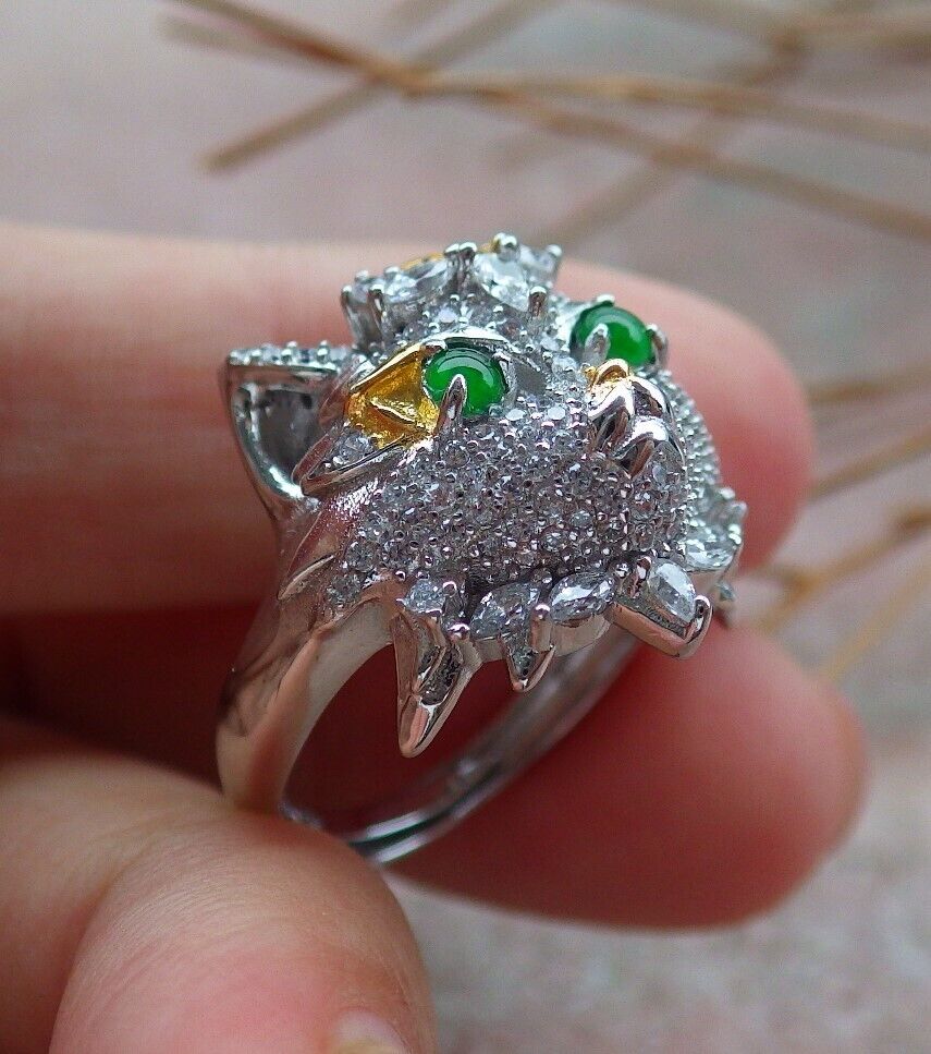 US 6.75 Certified Natural Icy Green Silver 925 A JADE Jadeite Cabochon Tiger Ring