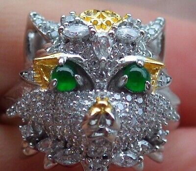 US 6.75 Certified Natural Icy Green Silver 925 A JADE Jadeite Cabochon Tiger Ring