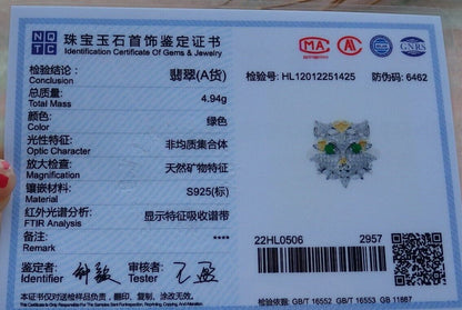 US 6.75 Certified Natural Icy Green Silver 925 A JADE Jadeite Cabochon Tiger Ring