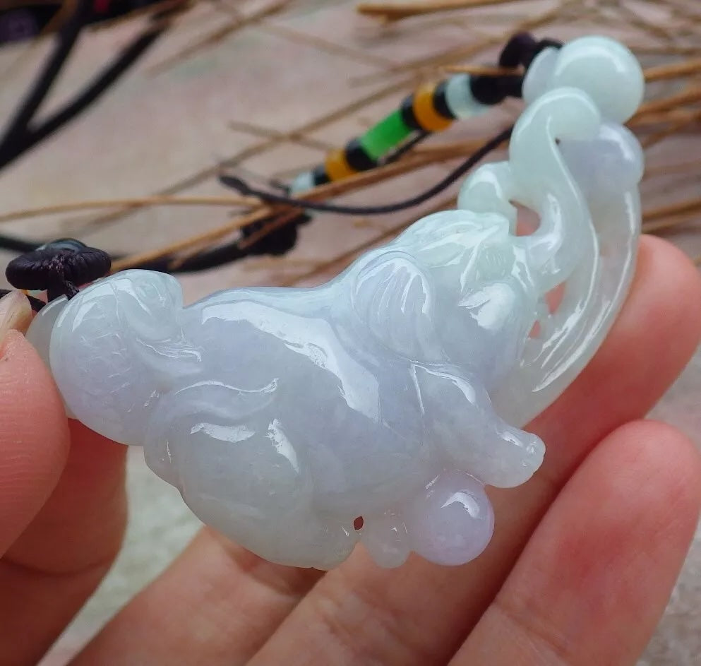 Certified Hand Carved Natural Myanmar Burma Grade A Jade jadeite Elephant Fish Lucky Amulet Pendant Necklace