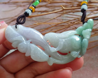 Certified Hand Carved Myanmar Burma Natural A Jade jadeite Rabbit Flower Lotus Lucky Amulet Pendant Necklace