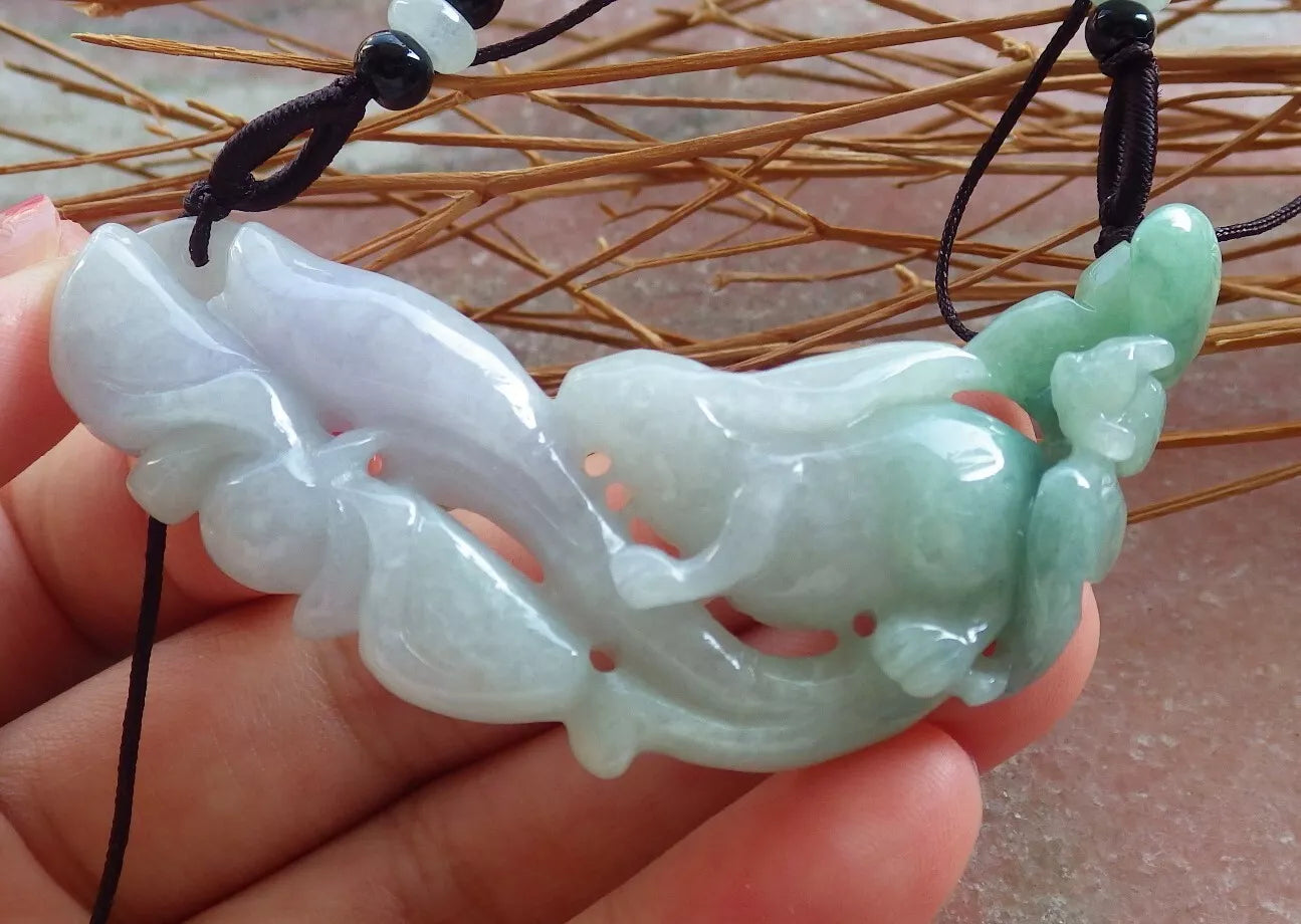 Certified Hand Carved Myanmar Burma Natural A Jade jadeite Rabbit Flower Lotus Lucky Amulet Pendant Necklace