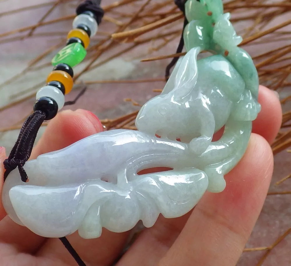 Certified Hand Carved Myanmar Burma Natural A Jade jadeite Rabbit Flower Lotus Lucky Amulet Pendant Necklace